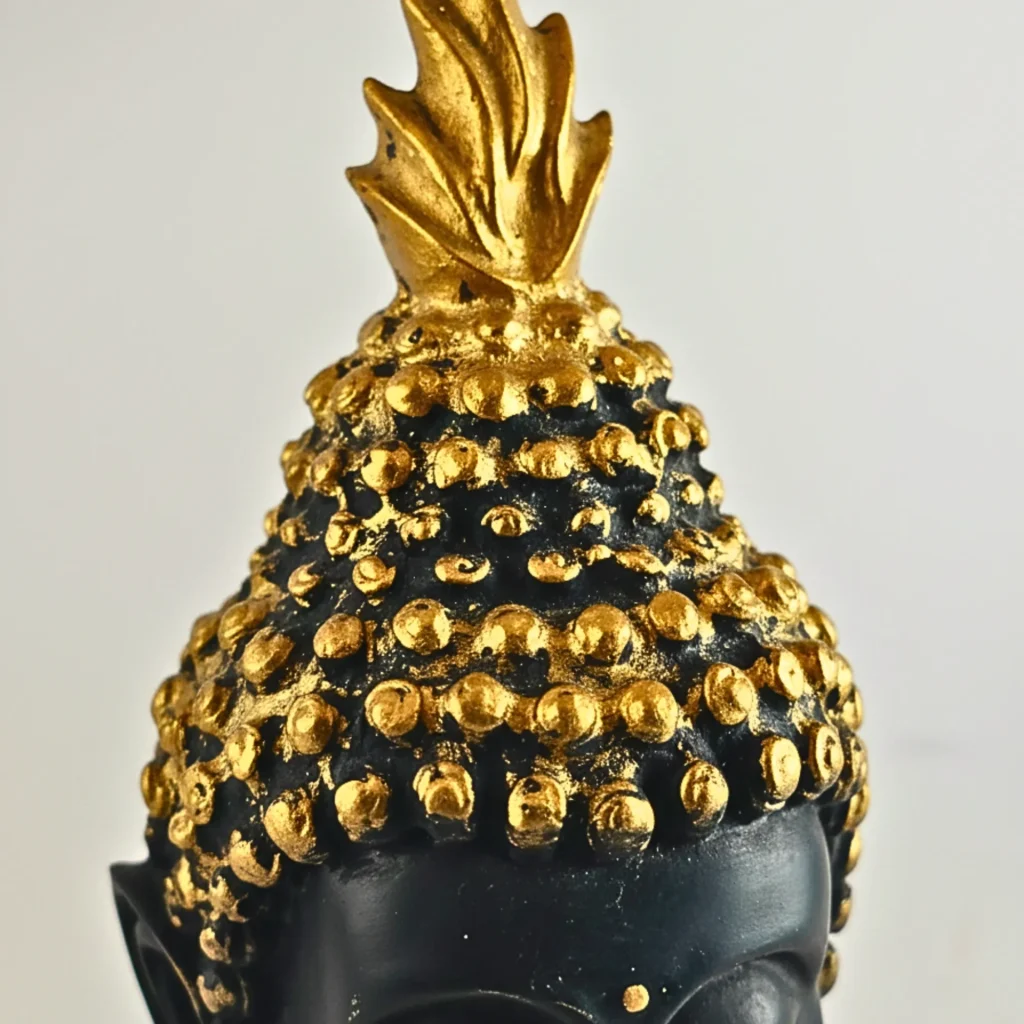 Buddha Face Black & Golden Idol for Peaceful Decor- Saadhya Mart Top Closeup View