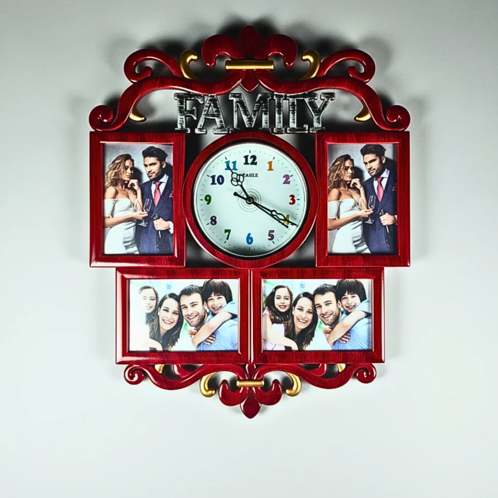 Family Collage Red Photo Frame with Clock- Saadhya Mart Full View