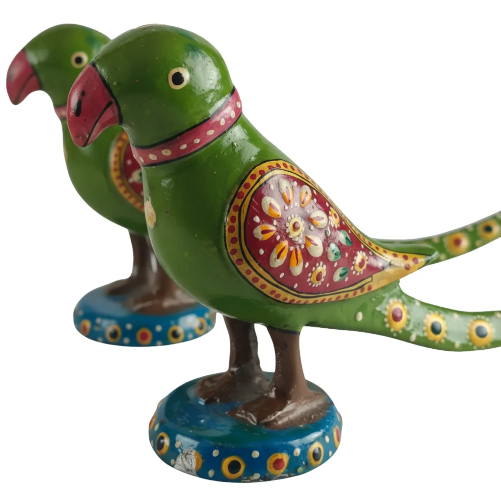 Handcrafted Decorative Parrot Pair Showpiece – 14 cm - Saadhya Mart Closeup View