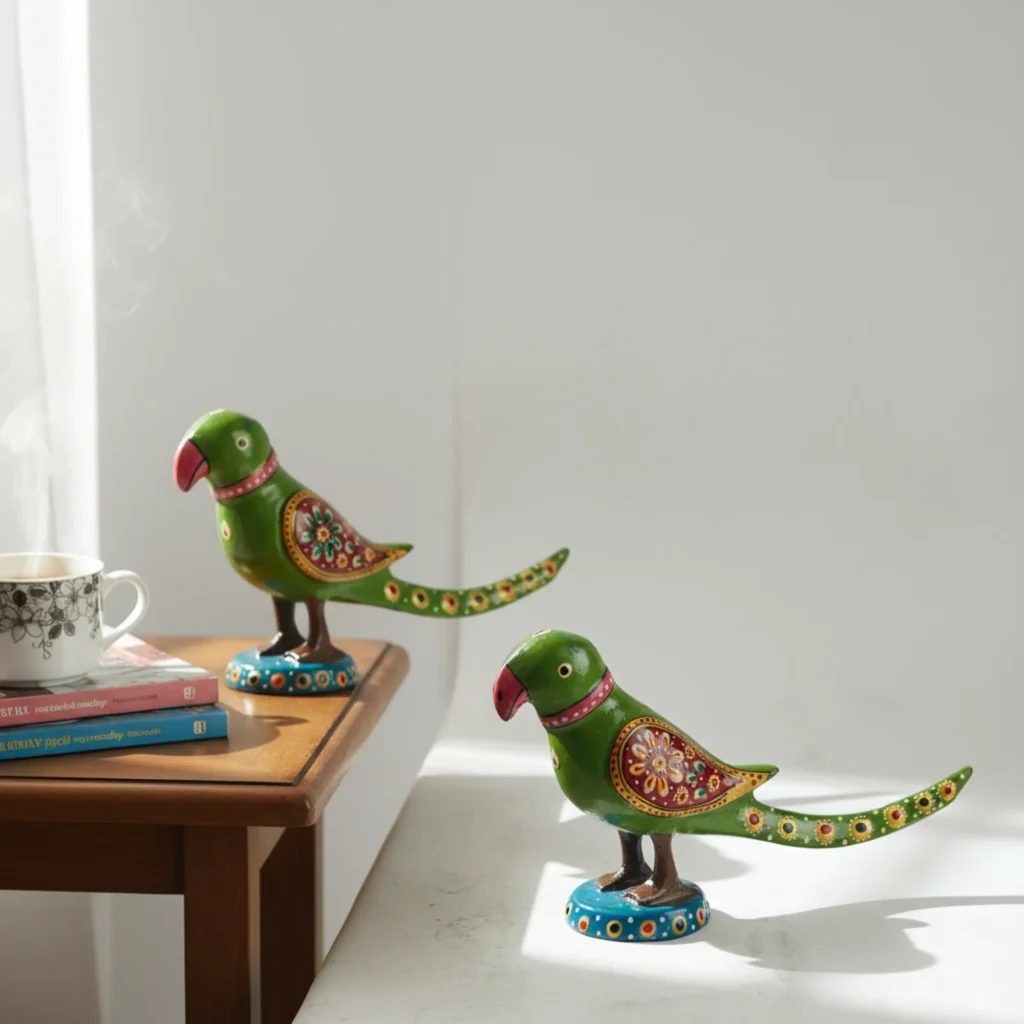 Handcrafted Decorative Parrot Pair Showpiece – 14 cm - Saadhya Mart Live View